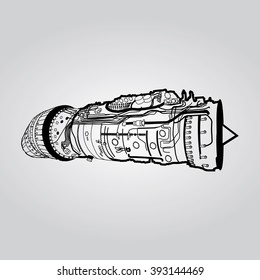 Black vector combat air force fighter aircraft engine drawing, on white background. Consists of combustion chamber, intake manifold, guide vanes, pressure compressor, combustor, turbine blade