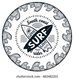 Black vector crossing surfing boards round stamp in doodle waves frame with hand drawn sign Love, Live, SURF