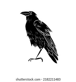 Black vector crow silhouette. Spooky bird for halloween decoration, print, poster, sticker, web design, cut machine