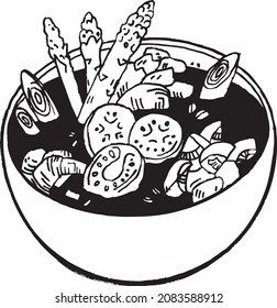 Black vector culinary graphic illustration featuring Indonesian laksa soup. Drawing for menu, restaurant, poster, banner, web content in the style of hand drawing in pencil or ink.