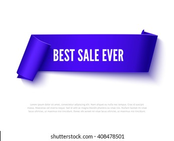 Black vector curved paper ribbon banner with rolls and inscription isolated on white. Realistic vector paper template for sale promo and advertising. Paper ribbon web banner