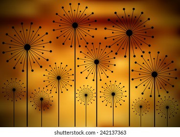 black vector dandelions silhouettes in sunset