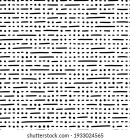 Black vector dashes and dots seamless pattern. Design element for prints, backgrounds, template, web pages and textile pattern. Black and white stock illustration.