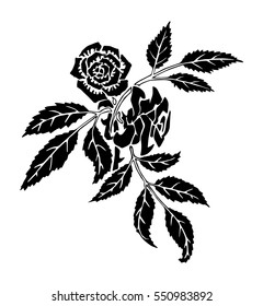 Black vector decorative illustration or tattoo design of a rose with leaves on white background