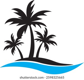 Black vector design of palm trees on an island, a simple and clean black silhouette on a white background.