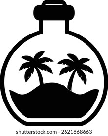 The black vector displays a bottle containing a beach scene with two palm trees on an island, evoking relaxation and vacation vibes in a silhouette illustration.