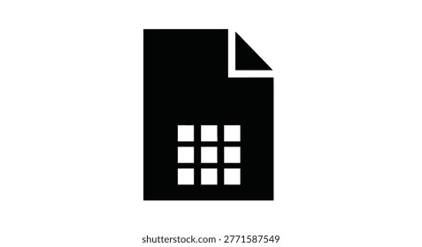 a black vector document icon featuring a grid layout and a corner page curl, isolated on a white background. high-quality professional detailed modern elegant