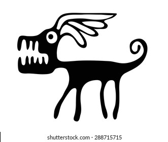 black vector dog in native style, isolated on white background