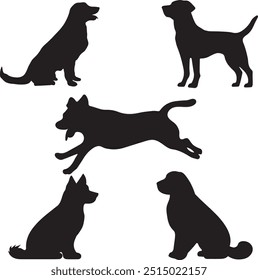 perros de Vector negro conjunto silueta sobre fondo blanco, Arte vectorial Iconos, diferentes Poses de Perros, Saltar, Stand, Sit, Animal, Mascota, Aislado, Ilustración vectorial