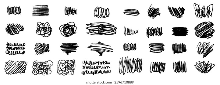 Black vector doodle scribbles brush strokes, rough hand drawn pencil, crayon or charcoal messy squiggly lines, rough curly marks
