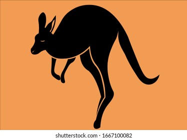 Black vector drawing of an Australian kangaroo on orange background. 