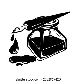 black vector drawing of bottle with ink ana pen onit with a drop of ink