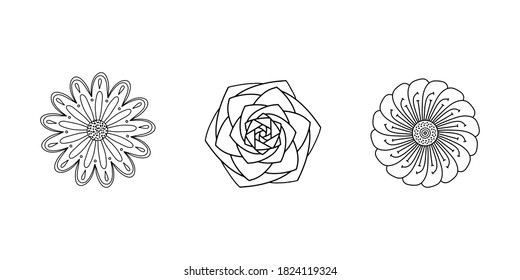 Black vector drawing of rose mandala, tattoos with flower petals, polygon, dots, circle. Hand-drawn alchemy, spirituality, symbol of mystical geometry. Graceful geometric abstraction in the form of a
