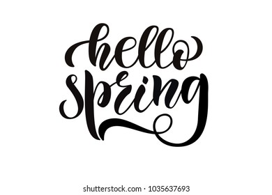 Black vector drawn art illustration of logotype Hello spring on white background for Print, card, memento, decoration, present, cup, Promotion, emailing. Celebration lettering typography poster EPS 10