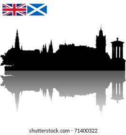 Black vector Edinburgh silhouette skyline with Union Jack and Flag of Scotland