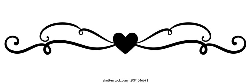 Black vector element with curves lines and heart. Swirl for decoration of festive products, web, menus, labels. Ornament for Valentine's day, birthday, mother's day, the 8 March