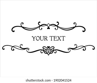 black vector element, text frame, linear pattern with swirls and hearts for postcards, greeting cards, coupons, certificates, certificates, beautiful design for the design of the text title