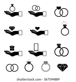 Black vector engagement or wedding ring icons isolated