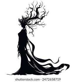 Black vector enigmatic silhouette of a mysterious woman figure in a long, flowing gown and with branch like antlers grow from the head. Iaolated design on white background. Phantom. Forest.