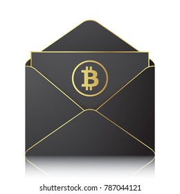 Black vector envelope with bitcoin sign, isolated on a white background. Bitcoin profit concept design.