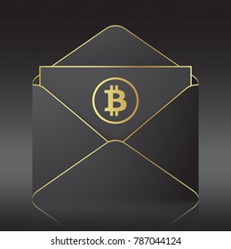 Black vector envelope with bitcoin sign, isolated on a black background. Bitcoin profit concept design.