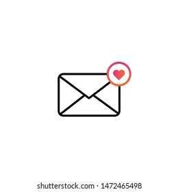 black vector envelope icon with heart from above and white background