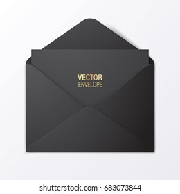 Black vector envelope template. Black opened envelope lying on a white background. Realistic mockup.