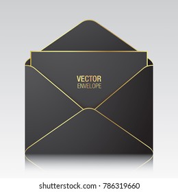 Black vector envelope template. Black opened envelope with golden elements standing on a white background. Realistic mockup.