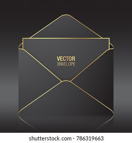 Black vector envelope template. Black opened envelope with golden elements standing on a black background. Realistic mockup.