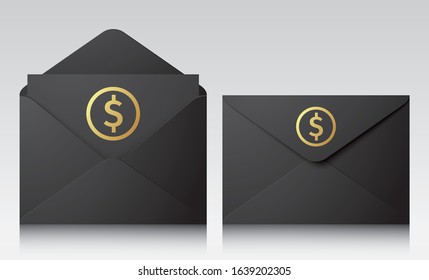 Black vector envelopes with golden dollar signs. Set of folded and unfolded premium envelopes, standing on a reflective surface. Realistic financial illustration.