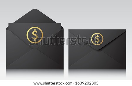 Black vector envelopes with golden dollar signs. Set of folded and unfolded premium envelopes, standing on a reflective surface. Realistic financial illustration.