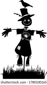 Black vector EPS 8 silhouette of a scarecrow in a wheat field, no white objects