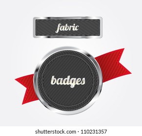 Black vector fabric badges with red ribbon and metallic decorations