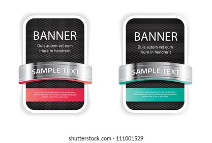 Black vector fabric textured banners / badges with colorful details and metallic decorations, pink and turquoise