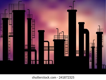 black vector factory silhouette on blurry background
