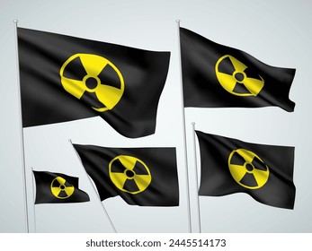 Black vector flags with radioactive symbol. A set of wavy 3D flags with flagpoles isolated on white background, created using gradient meshes