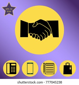 Black vector flat icon of handshake or business contract agreement. Suitable for web site, app