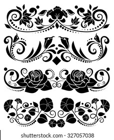 Black vector floral elements, rose, lotus, lily flower borders