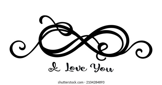 Black vector floral Infinity forever love symbol line art sign silhouette divider with swirls.Eternal,limitless.Endless.Logo icon.Tattoo.Valentine's day.Wedding ring.Marriage.Cricut Laser.DIY cutting.