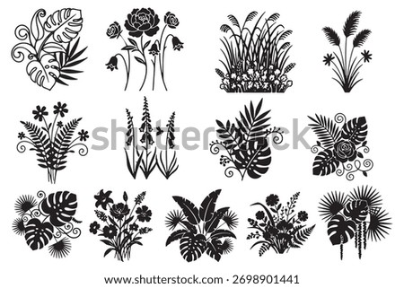 Black vector floral silhouettes set. Diverse collection of tropical leaves, herbs, and garden flowers like monstera, rose, and grasses. Ideal for laser cutting and printing.