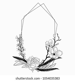 Black Vector Floristic Frame with Geometric Linear Design. Outlined Hand Drawn Floral Frame Border. Geometric Shapes decorated with flowers, branches and plants