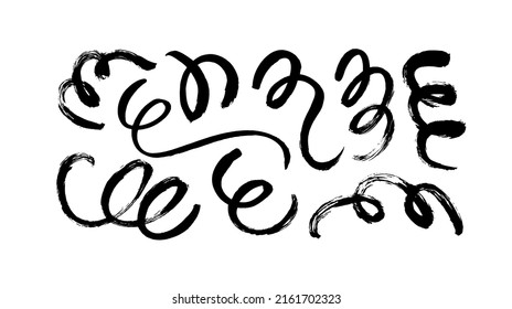 Black vector flourishes, swirls, curls and scrolls set. Calligraphic design elements. Hand drawn ink vintage decoration. Dirty curved and twisted lines. Chaotic ink brush scribbles decorative set