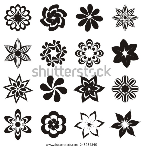 Black vector flower icon collection on white background