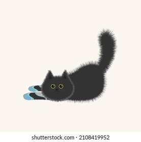 Black vector fluffy cat in colored socks