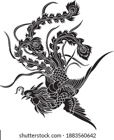 Black vector flying phoenix fire bird on white background, fantasy mythical creature tattoo illustration