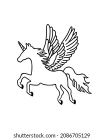 Black vector flying unicorn Pegasus horse pony silhouette with wings.Fairytale stencil outline drawing illustration.Plotter laser cutting.T shirt print design.Vinyl wall sticker decal.Cricut.Cut.DIY
