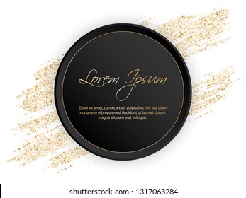 Black vector frame with golden glitter brushstroke. Gold sale banner template with glossy glitter sparkles. Gold glitter particles, circle frame.Template design of invitation, poster, postcard, banner