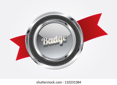 Black vector glass badge with textile and metallic details and red ribbon