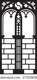Portal antigo gótico vetorial preto com parede no fundo branco.