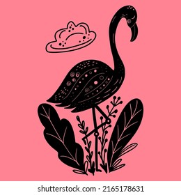 Black vector graphic with cute flamingo and tropical leaves. For design of posters, postcards, prints on t-shirts, mugs, pillows, bags.